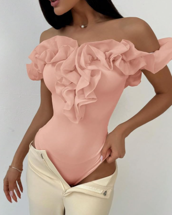 OYOANGLE Women's Off Shoulder Mesh Ruffle Trim Bodysuit Party Thong Body Suit Tops, Peach, M
