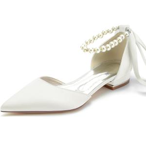 Women's Pointed Toe Pumps Pearl Satin Wedding Shoes for Bride Flats Ankle Strap Bridal Shoes Formal Prom Party Dress Pumps Sandals (8.5, Ivory)