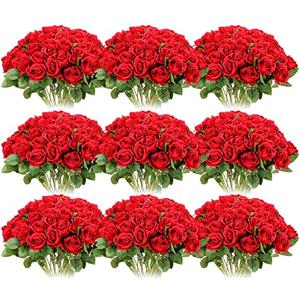 Jexine 100 Pieces Artificial Roses Flowers Bulk, Long Stem Realistic Fake Silk Roses Bouquet for Table Centerpiece Vases Wedding Party Kitchen Decor(Red)