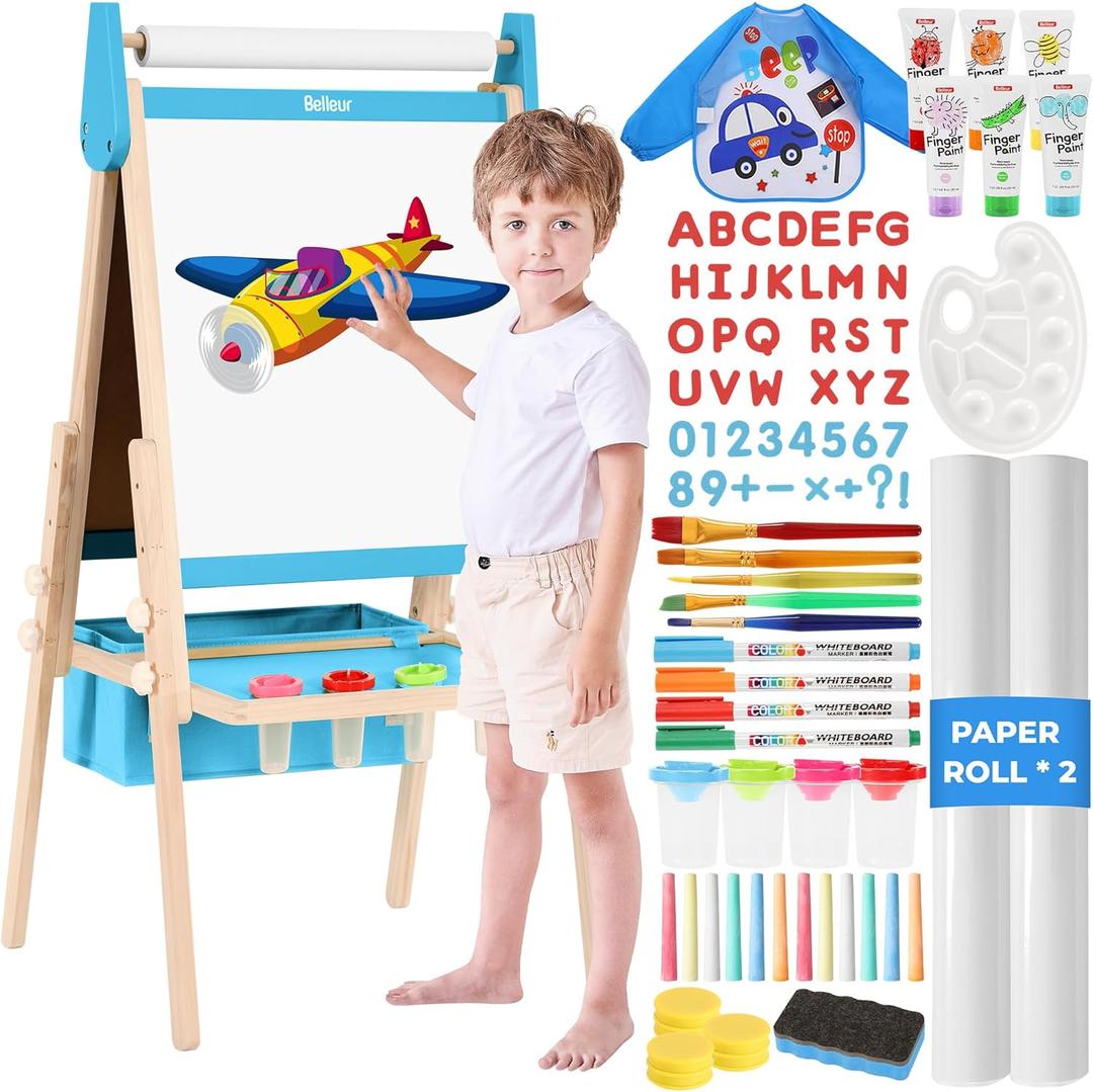All-in-One Art Easel for Kids with 2 Paper Rolls & Deluxe Accessories, Adjustable Magnetic Double Sided Whiteboard & Chalkboard, Painting Kid Easel for Toddlers 2-8, Ideal Christmas Gift (Blue)