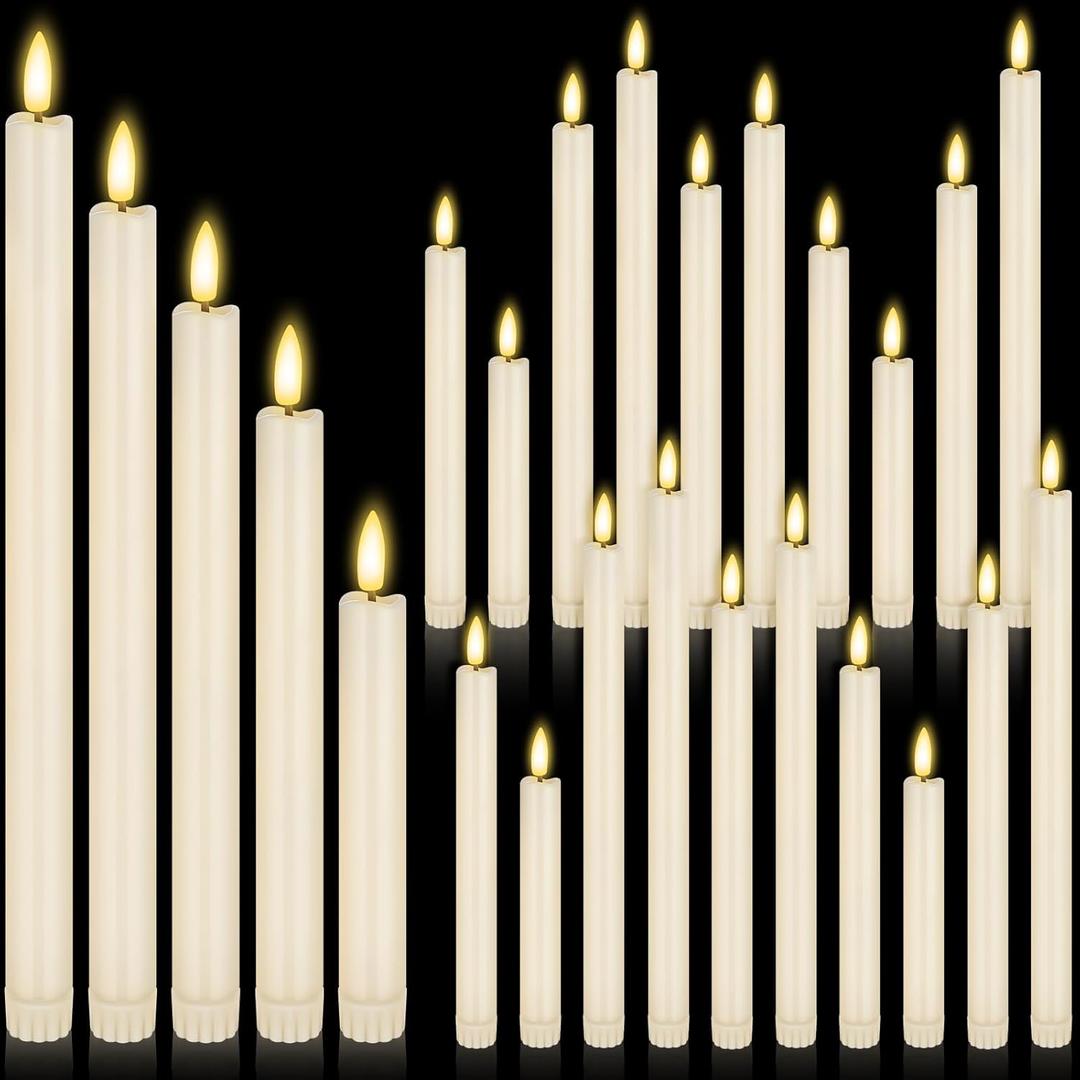 20 Pcs Flameless LED Taper Candles Battery Operated Taper Candles 5 Sizes of 6.5'', 7.7'', 8.8'', 10.0'', 11.2'' Flameless Candlesticks Flickering with 3D Flame for Wedding(Ivory White)