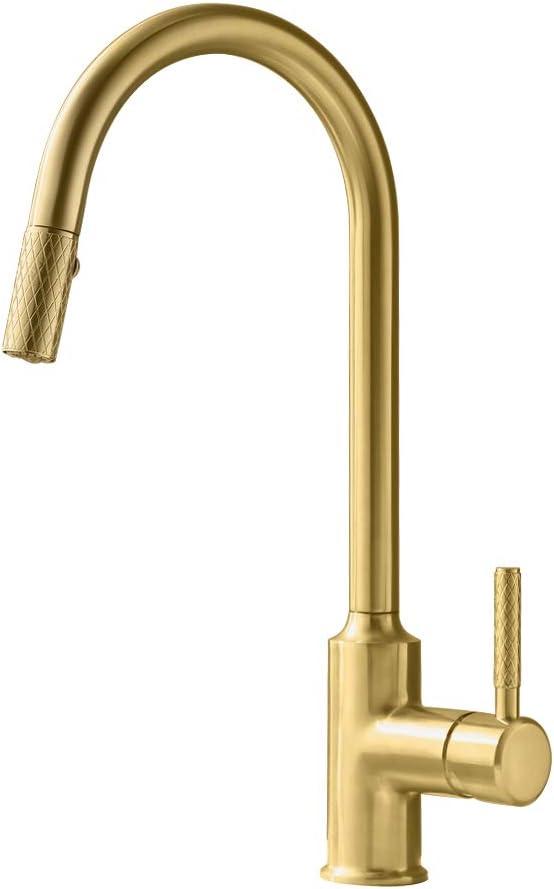 TURS Brushed Gold Kitchen Faucet Brass Kitchen Faucets with Pull Down Sprayer Single Handle One Hole High Arc Copper Kitchen Tap,FK002LG