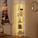 Furnulem 6 Tier Corner Shelf with LED Light, 67.5 Tall Standing Shelf Organizer, White Narrow Bookshelf with Storage Rack for Wall Corner, Living Room, Bedroom, Metal Frame, Wood Display Shelf