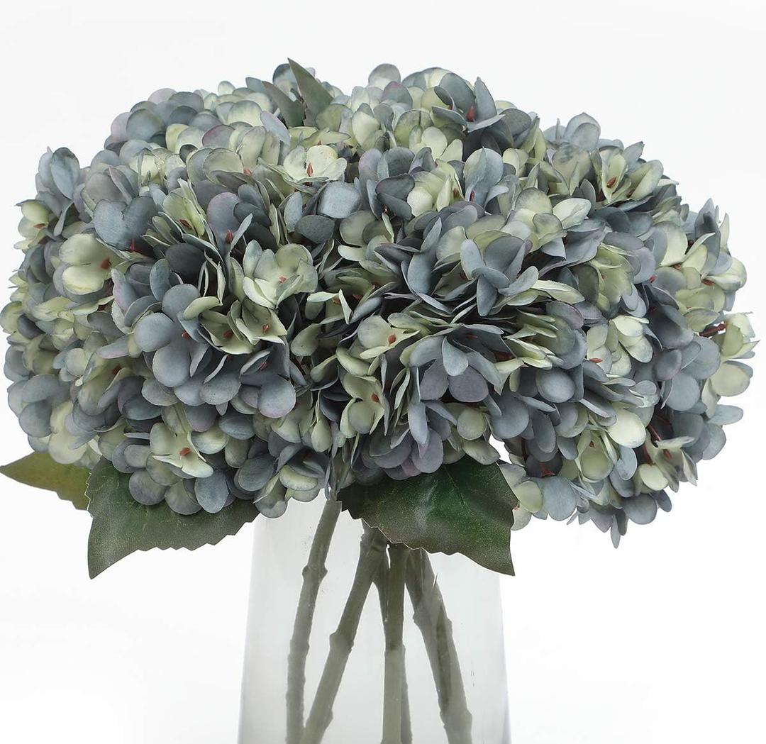 Kimura's Cabin 6pcs Artificial Silk Hydrangea Flowers Vintage Fake Bouquets Faux Hydrangeas Flower with Stems for Wedding Party Autumn Farmhouse Home Table Core Decoration (Deep Lake Blue)