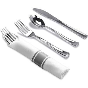 Tiger Chef Pre-Rolled Napkin and Cutlery Set - White Napkins and Silver Heavy-Weight Plastic Silverware with Napkin Band Set - 110-Pack