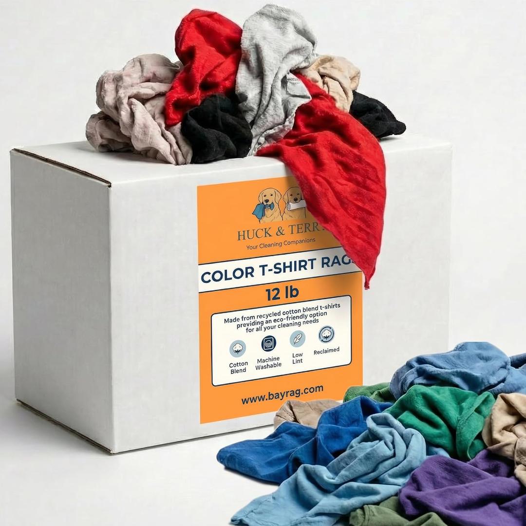 Huck & Terry Multicolored T-Shirt Rags (12 lb Box), Cotton Blend Cleaning Cloths, Lint-Free & Absorbent for Auto, Paint, Stain, Kitchen & Shop, Washable, 18 x 18 in (12 LBS)