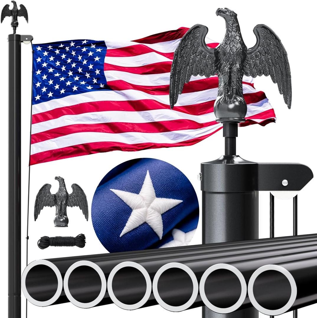 Heavy Duty Flag Pole 25FT, 12 Gauge Extra Thick Aluminum Flagpole, Residential Flag Poles for Outside House, with 3x5 American Flag for Residential or Commercial Use, Black