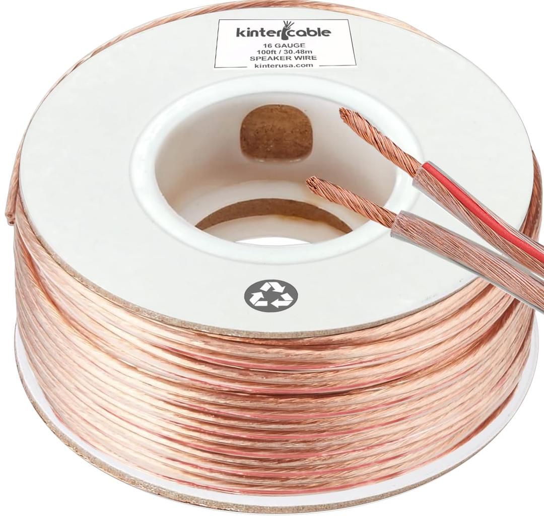Kinter Cable 100ft 16-Gauge Audio Stereo Speaker Wire Cable, 100 Feet, 30.48 Meters, 2 Conductor, Polarity Marked, Flexible Clear PVC, CCA, Home Theater, HiFi, Surround or Auto Amps Kinter Cable 100ft 16-Gauge Audio Stereo Speaker Wire Cable, 100 Feet, 30.48 Meters, 2 Conductor, Polarity Marked, Flexible Clear PVC, CCA, Home Theater, HiFi, Surround or Auto Amps