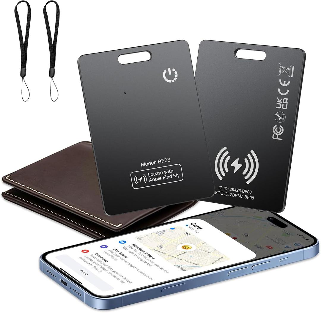 2 Pack Wallet Tracker Card [Apple MFi Certified] Air Tracker Tag (iOS only), IP68 0.11in Rechargeable Smart Card Work with Apple Find My, Keys Finder and Item Locator for Passport, Bags, Laptop, Black