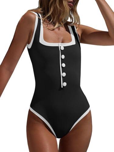 Saodimallsu Womens One Piece Swimsuit Vintage Ribbed Slimming High Cut Color Block Button Square Neck Bathing Suit S