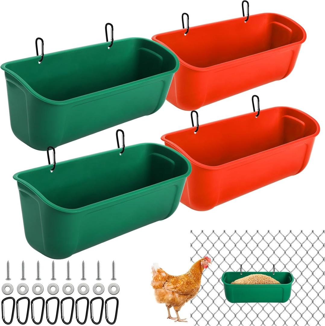 Cedilis 4 Pack Hanging Duck Feeder, Chicken Fence Feed Trough with Clips, Poultry Livestock Food Water Feeding Container for Goat, Goose, Rabbits, Sheep, Each Feeder 2.5 Quarts