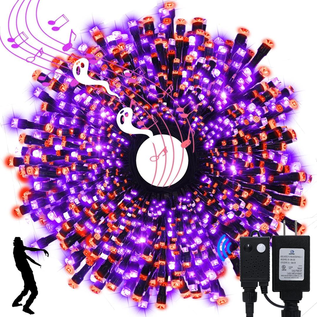 Echosari Connectable 400 LED Halloween String Lights, Motion Sensor Scary Sound 66Ft Orange and Purple Halloween Lights Outdoor Waterproof 4 Sound Effects for Yard Party Tree Decor