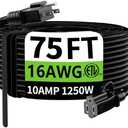 HUANCHAIN Indoor Outdoor Black Extension Cord 75 Ft Waterproof, 16/3 Gauge Flexible Cold-Resistant Appliance Extension Cable Outside, 10A 1250W 16AWG SJTW, 3 Prong Electric Cord, ETL