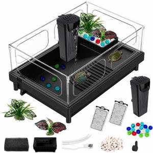 GOZILLA Small Turtle Tank with Filter, Acrylic Aquarium Turtle Tank Starter Kit with Multi-Functional Areas for Turtles, Hermit Crabs, Crayfish, Small Reptiles. (Black)