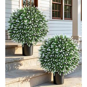 DREAMLOOM Topiary Trees Artificial Outdoor Ball in Planter, 20in Outdoor Indoor Realistic Fake Plants Shrubs for Front Porch Decor, Faux Bushes Plants for Home Front Door Offices, Set of 2