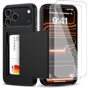 for iPhone 17 Pro Wallet Case with Card Holder + 2 Tempered Glass Screen Protector Protective Shockproof Hidden Card Slot Slim Case Women Men for iPhone 17 Pro 6.3Black