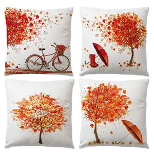 ULOVE LOVE YOURSELF 4Pack Decorative Autumn Fall Throw Pillow Cover Maple Leaf Bicycle Tree Umbrella Cushion Case Shell Happy Fall Pillow Case for Car Sofa Bed Couch 18 x 18 Inches