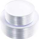 KIRE 100PCS Silver Plastic Plates - Heavy Duty White Disposable Plates with Silver Rim for Party/Wedding - Include 50Pcs 10.25inch Dinner Plates and 50Pcs 7.5inch Dessert Plates for Party/Father's Day