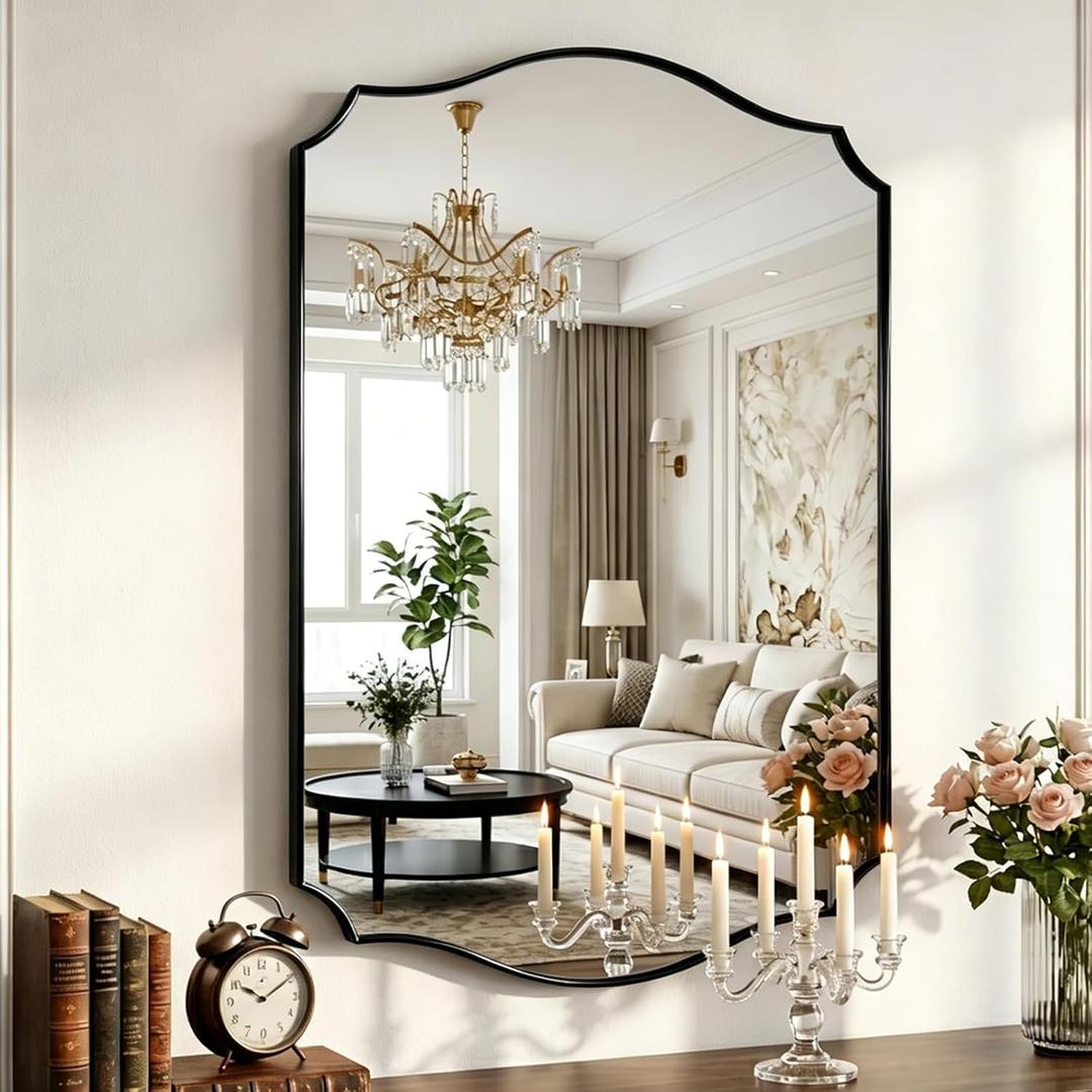 Black Vanity Wall Mirror 32"x24", Scalloped Edge Bathroom Mirror | Rust-Proof Metal Frame, Hangs Vertically/Horizontally, Decorative Bathroom Mirror, For Vanity, Bedroom & Entryway