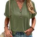 Womens Button V Neck T Shirts Rolled Short Sleeve Loose Fit Casual Summer Tops Tee Shirts (Green)