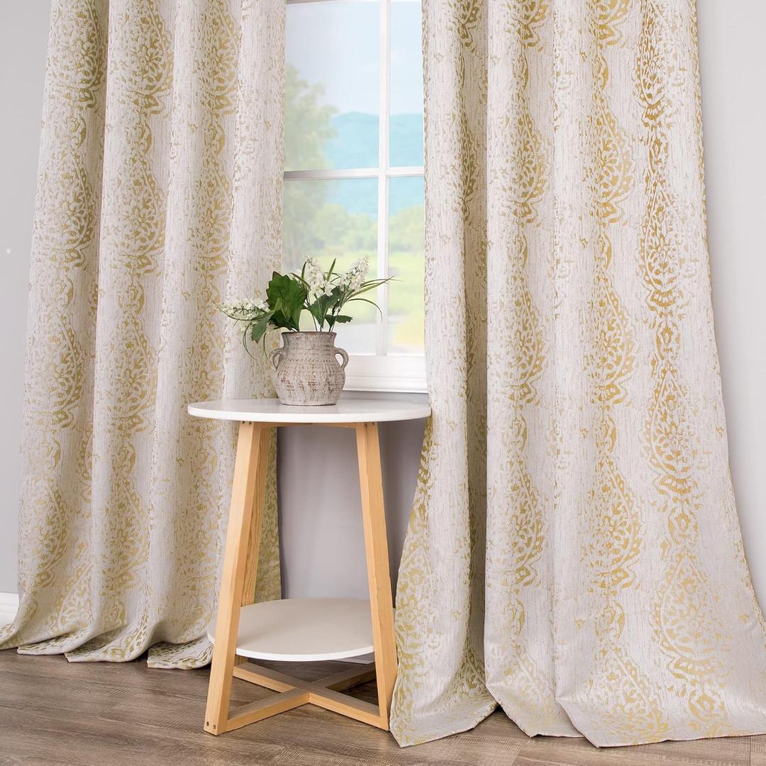 Mrs.Naturall Gold Yellow Semi Sheer Curtains 108 Inches Long for Living Room 2 Panel Set Damask Pattern Jacquard Luxury Drapes for Bedroom,52x108 Inch Length