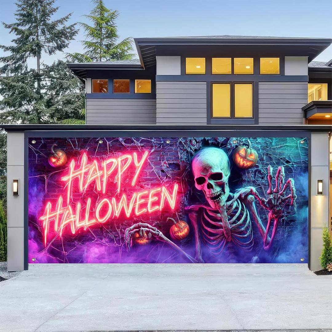 Halloween Garage Door Banner 13x6ft Neon Skeleton Decor Happy Halloween Sign Pumpkin Lantern Brick Wall Spider Web Spooky Party Decorations Creepy Backdrop Indoor Outdoor