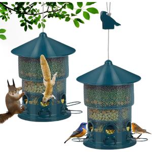 Outdoor Hanging Bird Feeder Squirrel Proof, 6 Feeding Ports with 360Chew Proof Metal Guard, Ideal for Cardinals Finches Chickadees and Wild Birds,All Weather Metal Bird Feeder