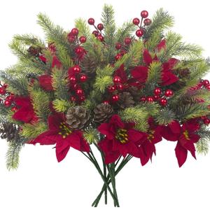 8PCS Artificial Flowers Bouquet Christmas Floral Pine Cones Red Fake Berry Picks Stems Holly Holiday Floral Picks for Xmas Tree Party Decoration DIY Indoor Table Centerpieces