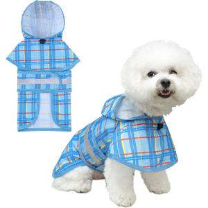 KOOLTAIL Dog Raincoat Hooded Slicker Poncho with Leash Hole, Raincoat for Small Medium Dogs, Waterproof Doggie Rain Jacket with Reflective Strip, Adjustable Breathable Plaid Puppy Rainwear-Blue (Small (Pack of 1))
