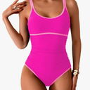 Women's Modest Color Block One Piece, Full Coverage Tummy Control Bathing Suit, Slimming Long Torso Sporty Swimsuits, M, Pink
