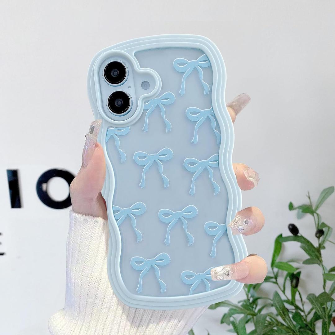QLTYPRI Cute Bow Case for iPhone 17, Clear Ribbon Bow Pattern Curly Wave Edge Aesthetic Transparent Phone Case, Slim Shockproof Protective Phone Cover for Women Girls - Light Blue