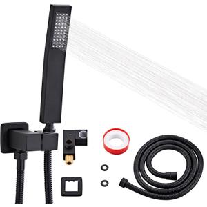 Bathroom Square Matte Black Solid Brass Hand Held Shower Head With Wall Connector and Hose System Wall Mount Handheld Showerheads Set