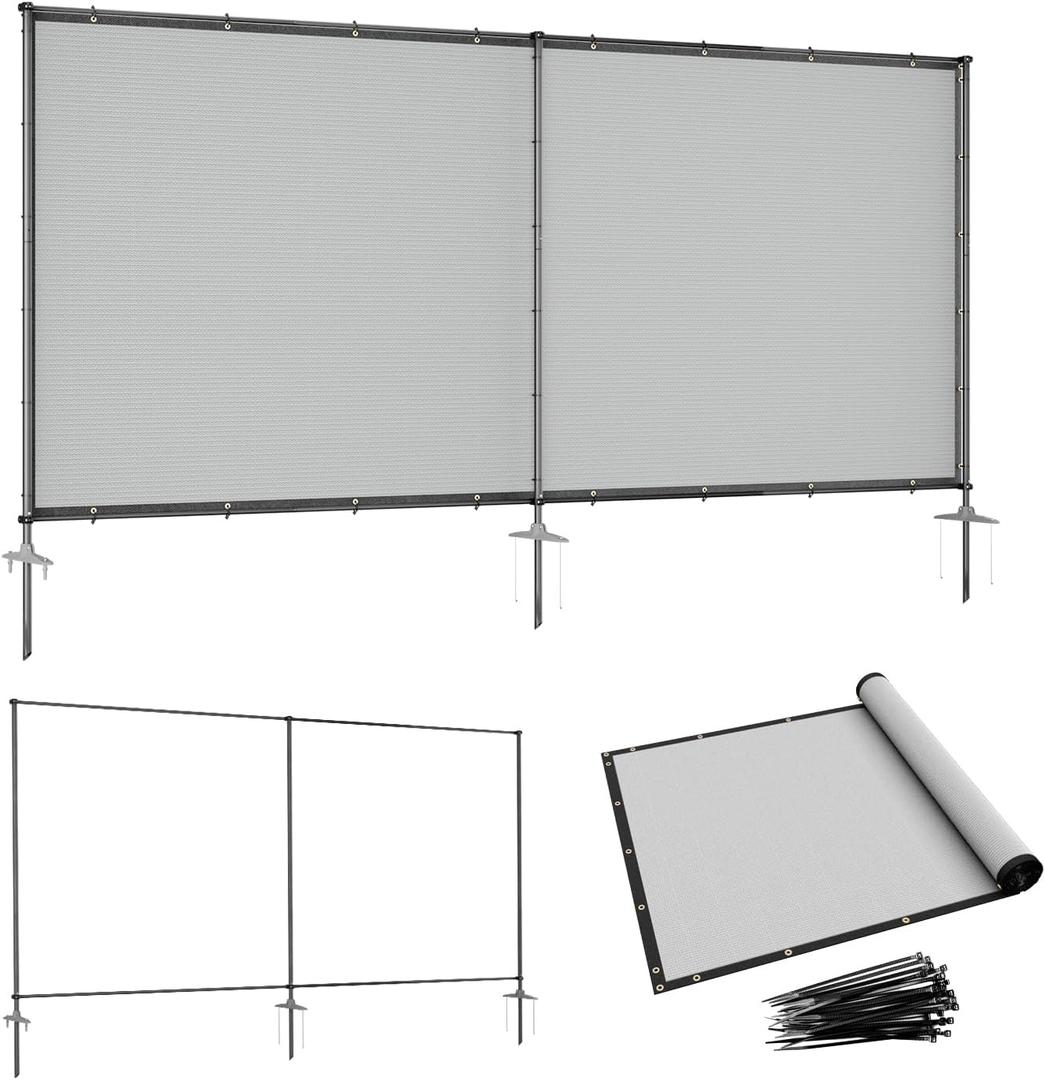 6' x 12' Gray Outdoor Privacy Screen Freestanding 240 GSM Privacy Fence Panels for Outside, Pool Fences with Poles, Backyard Temporary Fencing, Privacy Wall Ground Pole Fence