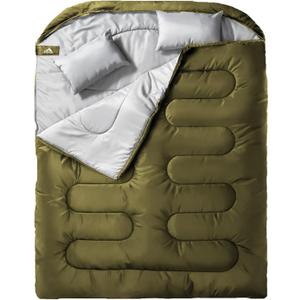 MEREZA Double Sleeping Bag for Adults Mens with Pillow, XL Queen Size Two Person Sleeping Bag for All Season Camping Hiking Backpacking 2 Person Sleeping Bags for Cold Weather & Warm