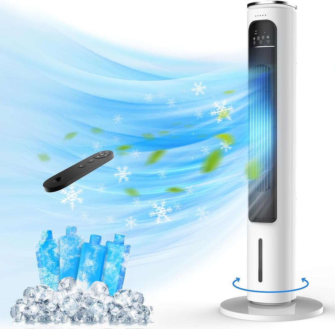 FLOWBREEZE Windowless Portable Air Conditioners, Evaporative Air Cooler w/Remote, 2.5L Water Tank & 4 Ice Packs, 12H Timer Auto-off, 70 Oscillating, Quiet Cooling Tower Fan For Home Office