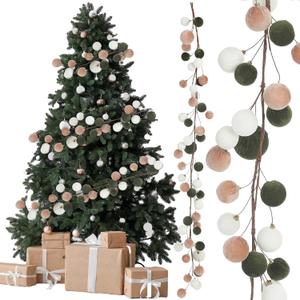 6 Ft Christmas Ball Ornament Garland Christmas Bauble Hanging Ornament Neutral Velvet Bulb Ball Garland for Xmas Tree Table Mantel Staircase Indoor Outdoor Decor(White, Brown, Green)