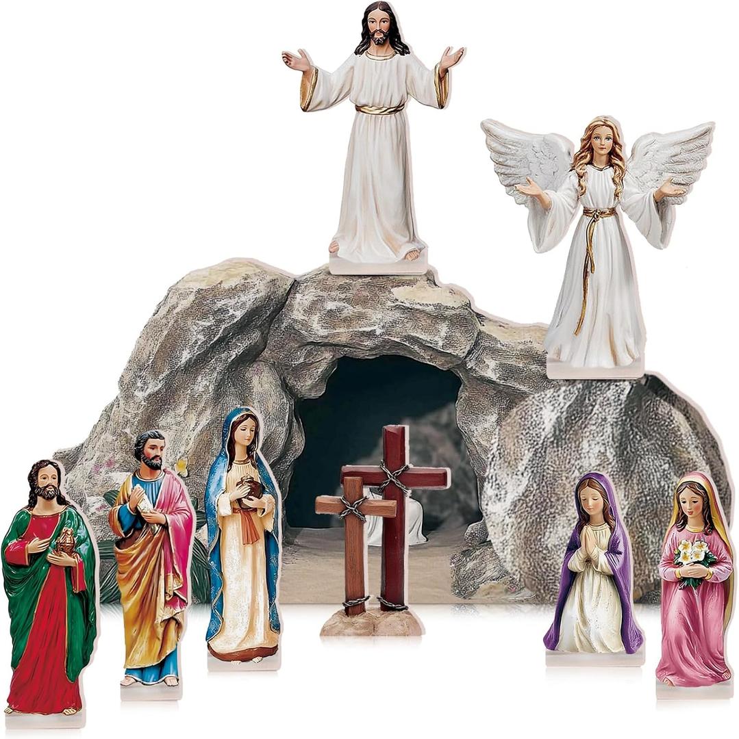Wesiti 9 Pcs Easter Resurrection Scene Decorations Wooden Cross Empty Tomb Statue Religious Jesus Nativity Scene Spring Christian Easter Table Decorations