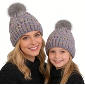Winter Knit Beanie Hat for Girls Women Parent-Child with Faux Pom Warm Fleece Lined