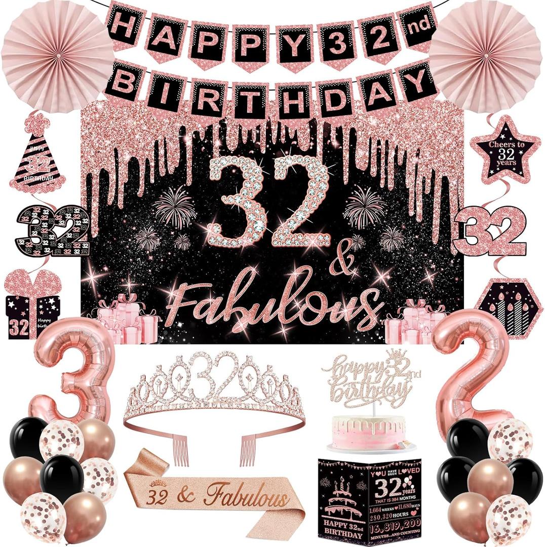 32nd Birthday Decorations for Women,32PCS 32nd Birthday Party Decorations, Including Backdrop, Crown, Sash, banner, Hanging Swirl, balloons, Cake Topper, Paper Fans and Anniversary Card