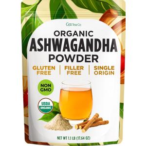 Gya Tea Co Organic Ashwagandha Powder 1.1 lb (17.64 oz) - No Sugar Added, Non GMO, Gluten Free - Great Flavor for Milk, Baking, Drinks, Smoothies & Cakes, Vegan Friendly
