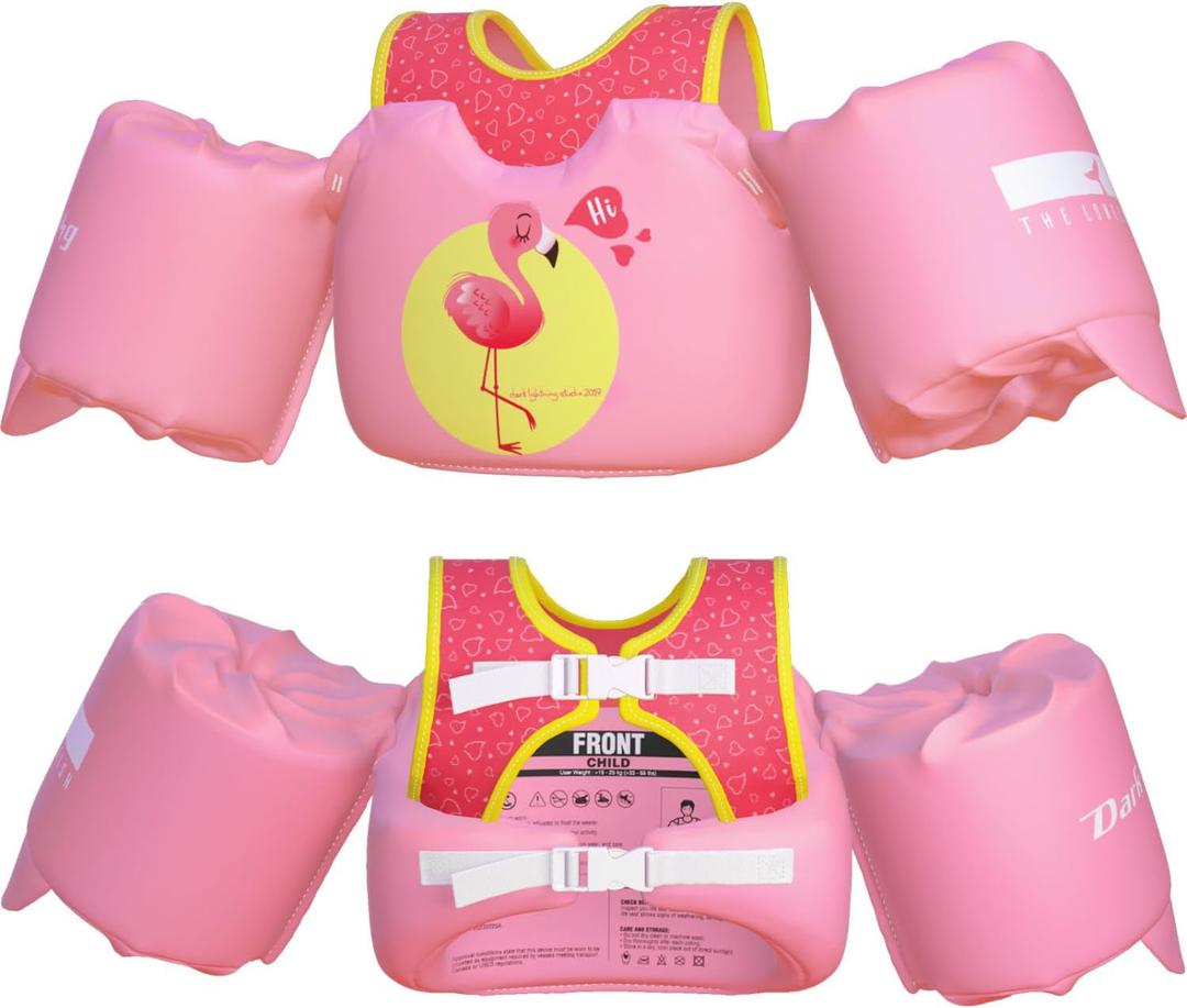Dark Lightning USCG Coast Guard Approved Toddler Swim Vest for Age 2/3/4/5/6/7 Years Old, Kids Life Jackets with Arm Floaties 30-50 Pounds,Baby Water Wings in Sea/Pool/Puddle (Flamingo - Pink)