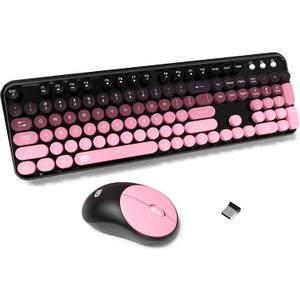 FD Wireless Keyboard and Mouse Combo - 2.4G Full-Sized Cute Colorful Mouse and Keyboard with 104 Round Keys Retro Typewriter Keyboards for Laptop/Windows/PC - Pink Gradient
