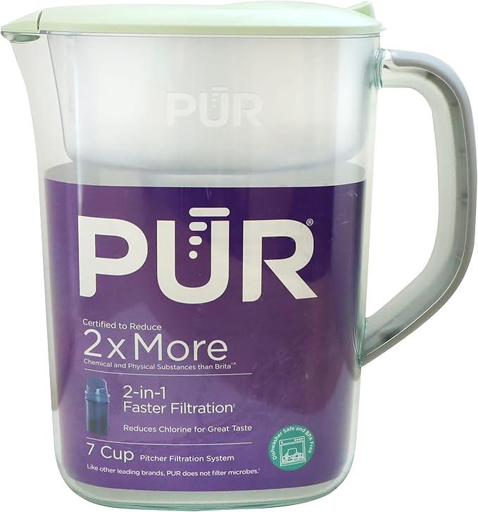 PUR 7Cup Water Pitcher, 1 Genuine Filter, Cleaner, Greattasting Water, Dishwasher Safe, Powerful, Faster Filtration, LockFit Cap Design  Lime