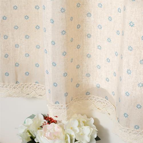 Moslovstar Window Curtain 47.2 Inch Length 1 Piece Cafe Curtain Tier Linen Textured Semi Sheer Farmhouse Curtains Window Treatments, Blue Daisy