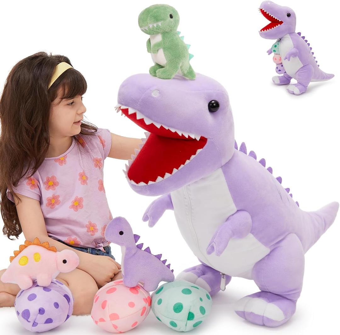 MorisMos Dinosaur Stuffed Animal with Babies,23.6'' Big Mommy Stuffed Dino T-rex with 3 Baby Dino Toys & Eggs Plush Inside Belly,Boy Girl Dinosaur Toys for Kids Birthday Gift,Purpel T-rex Party Decor