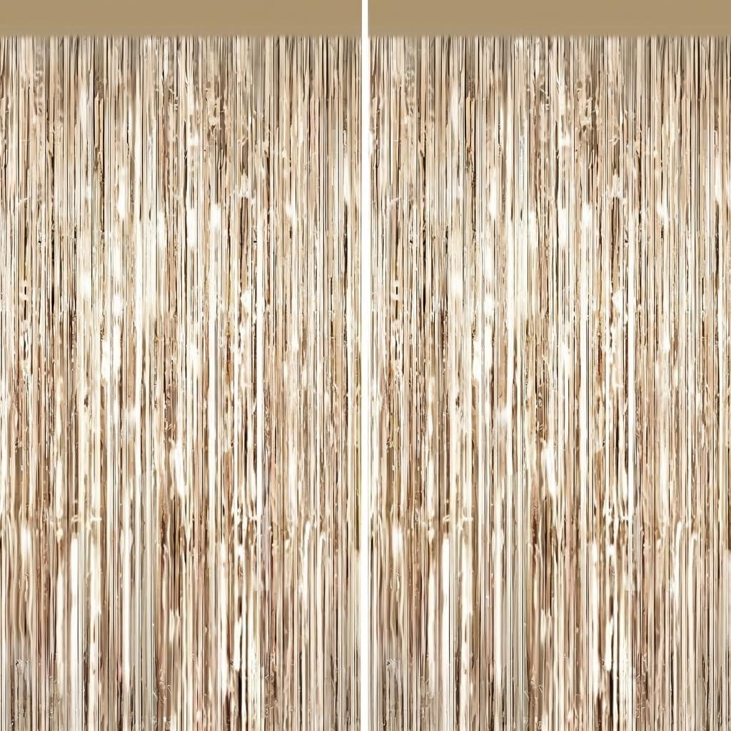 2 Pack Champagne Gold Metallic Tinsel Foil Fringe Curtains, Door Streamers Photo Booth Backdrop for Birthday Party, Tinsel Curtain Backdrop for Christmas, New Years Eve Party Decorations