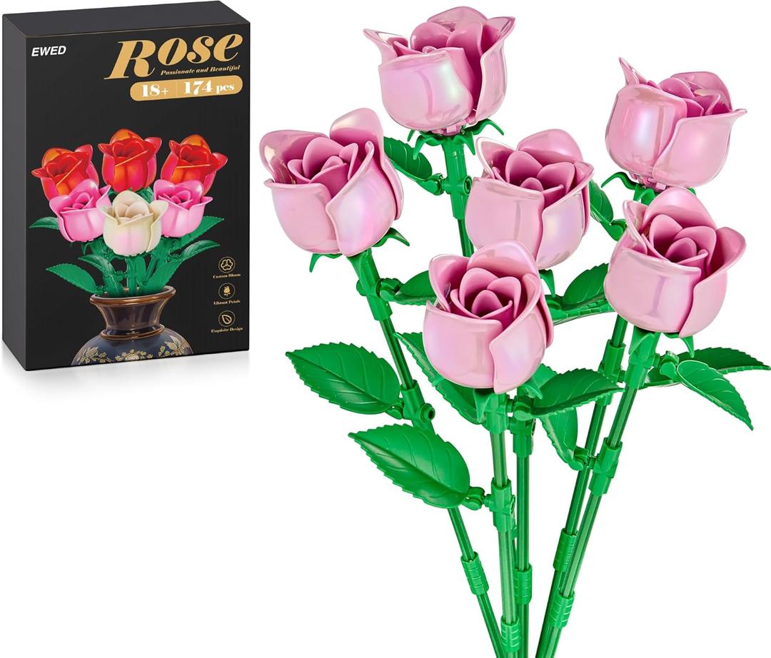Rose Flower Bouquet Building Set: Artificial Flowers Botanical Collection Blocks Kit for Women Girls Wife Adults Home Decor Thanksgiving Christmas Mother's Day Valentine's Gifts 6-Pack (Pink)