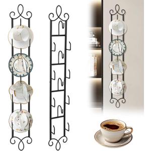 AQQHSAIN 2 Pcs Tea Cup and Saucer Display Stand 4 Tiers Wall Mounted Tea Cup Display Rack Vertical Wire Tea Coffee Cup Plate Holder Decorative Display Shelf for Coffee Mugs