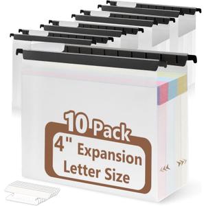 10 PCS 4 Inch Extra Capacity Hanging File Folder Plastic Letter Size Filing Cabinet Reinforced Hang Folders with Heavy Duty 4 Inch Expansion Black Insert Gasket 8.5 X 14 for Insertable Tabs