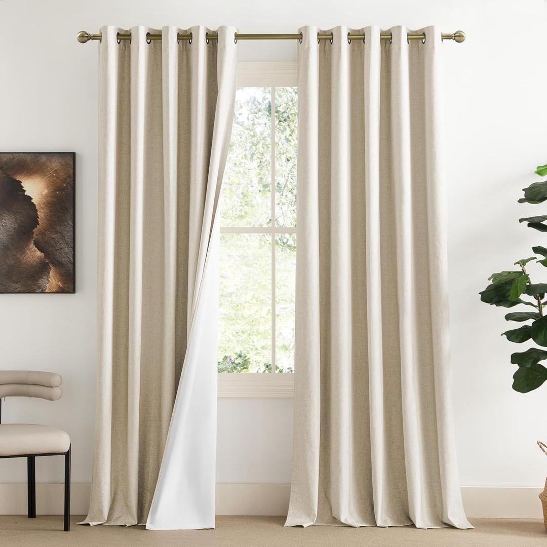 NICETOWN 100% Absolutely Blackout Linen Curtains with Thermal Insulated White Liner, Beige, W62, 2 Pieces, Noise Reducing Textured Linen Look Curtains for Windows 108 inch Length for Classroom